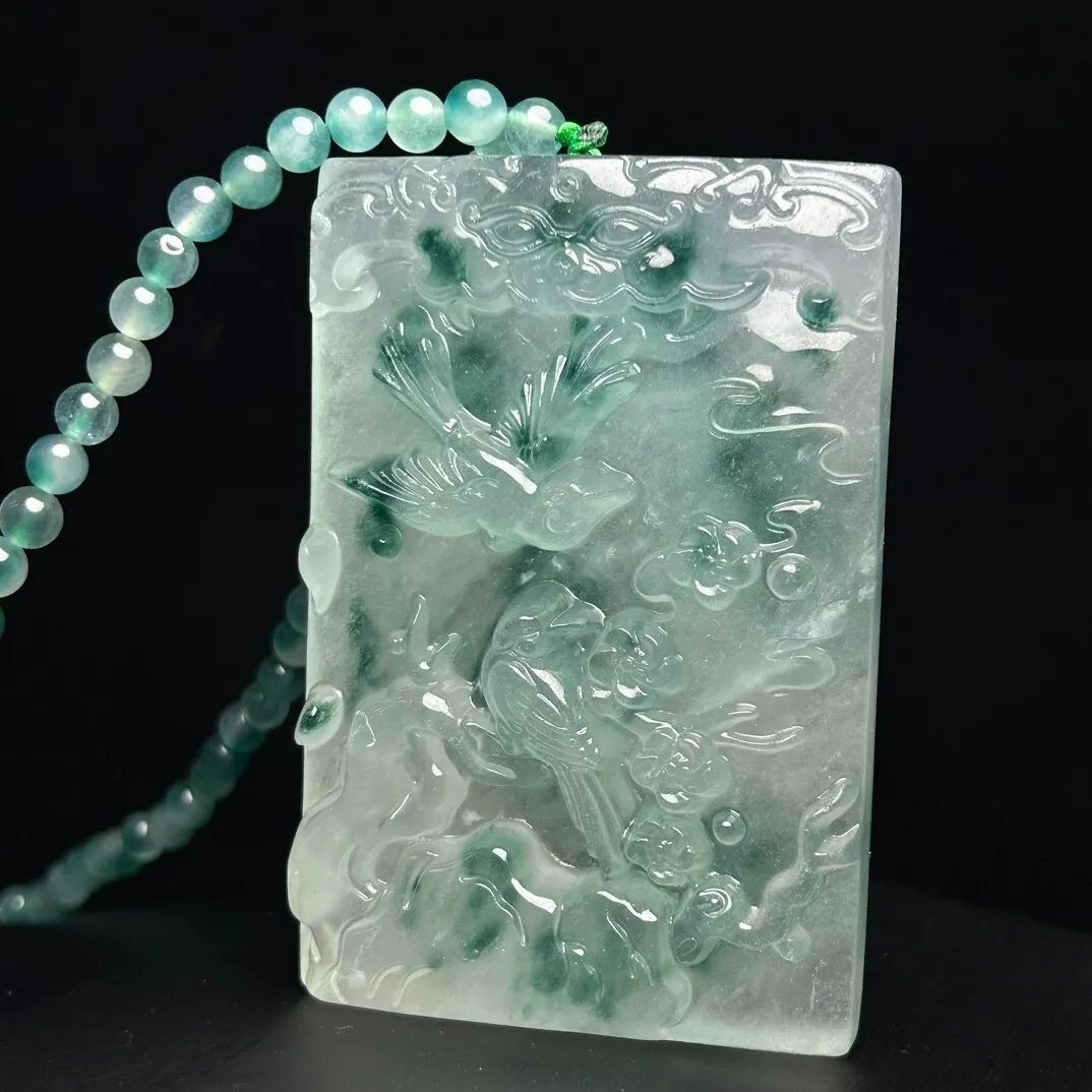 Natural ice Jade Jadeite Carved magpie plum blossom Pendant&Necklaces