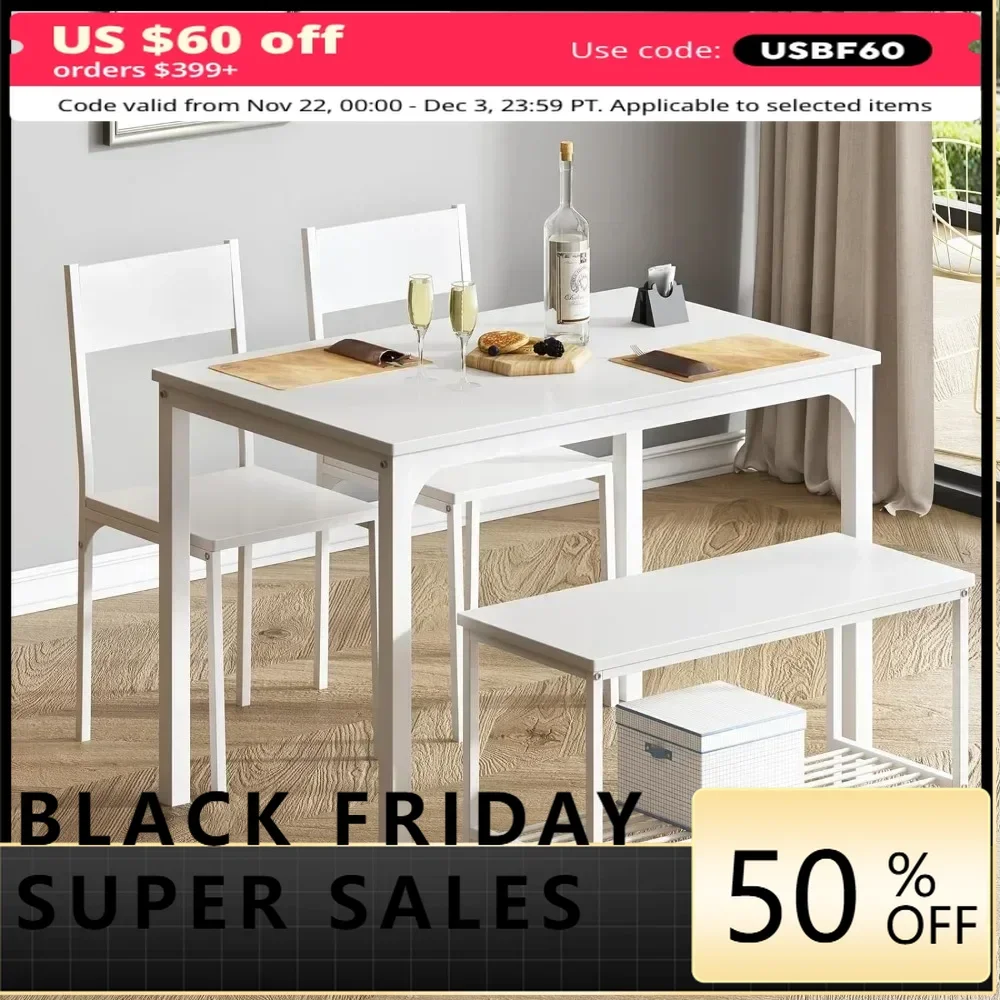 

4 Person Dining Table Set,43.3-inch Kitchen Table Set for 2 Chairs with Backrest,2-Person Bench with Storage, Furniture Set