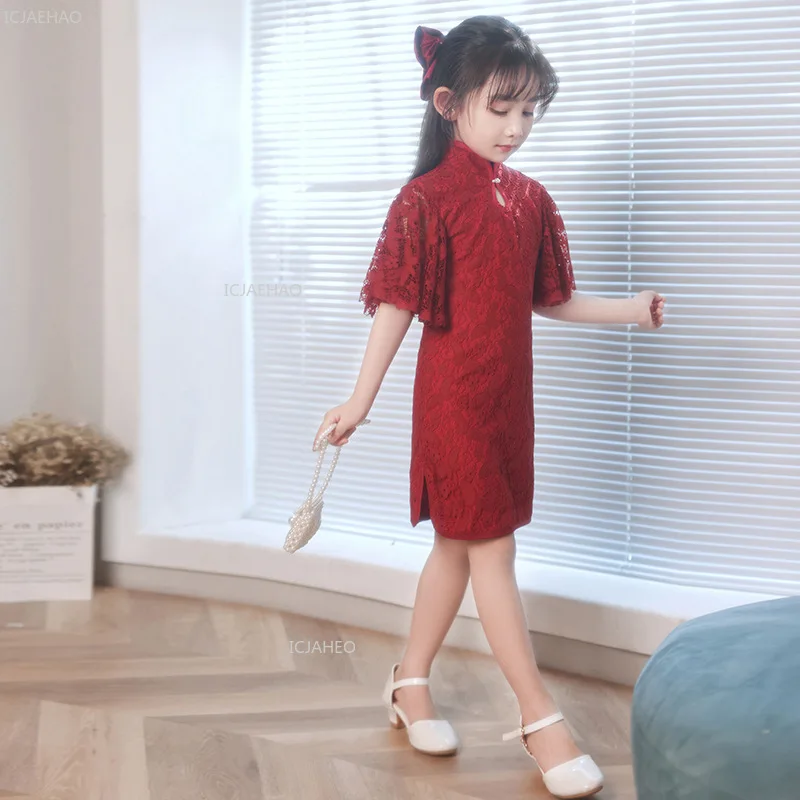 Chinese Style Flower Girl Dress Dresses Red Children Girls Cheongsam Vestido New Vintage Princess Party Gown for Kids Clothes