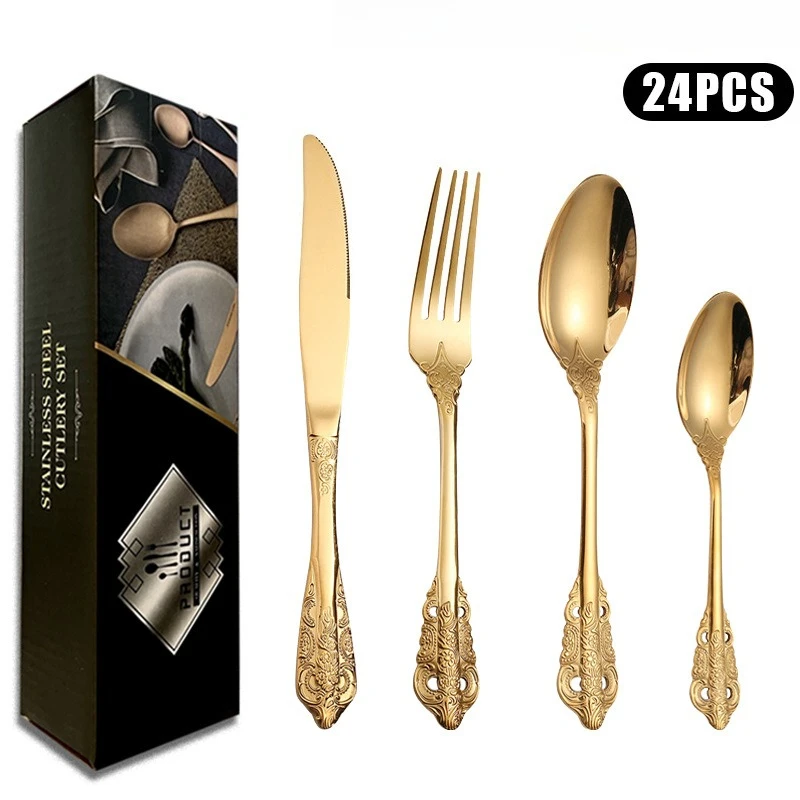 Juego de Cubiertos de Lujo de 24Piezas en Oro |  Acero Inoxidable con Patrón Grabado Vintage |  uego de Vajilla para 6 Personas