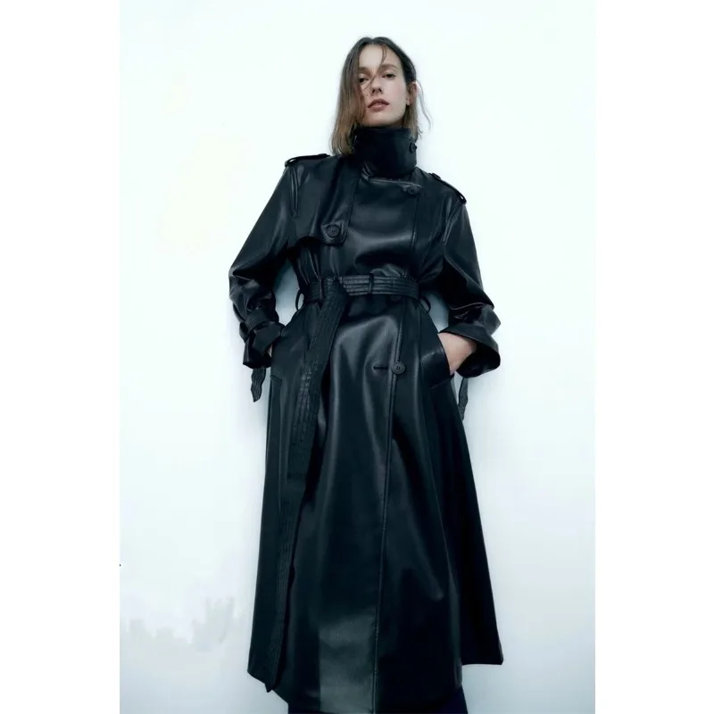2025秋冬新作 レトロカジュアル ブラック ロングスタイル ベルト付き レディースジャケット エレガント ダブルブレスト PUレザー ウィンドブレーカー
