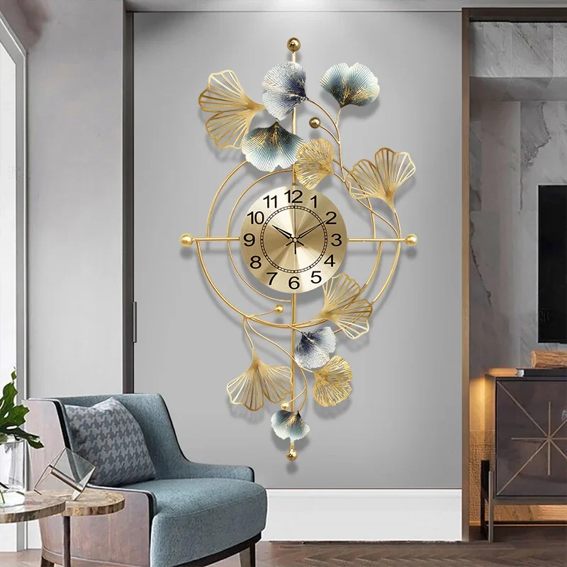 Metal Big Size Ginkgo Leaf Wall Clock Home Hotel Wall Decoration Living Room Light Luxury Wall Watch Mute Sweep Number Clock
