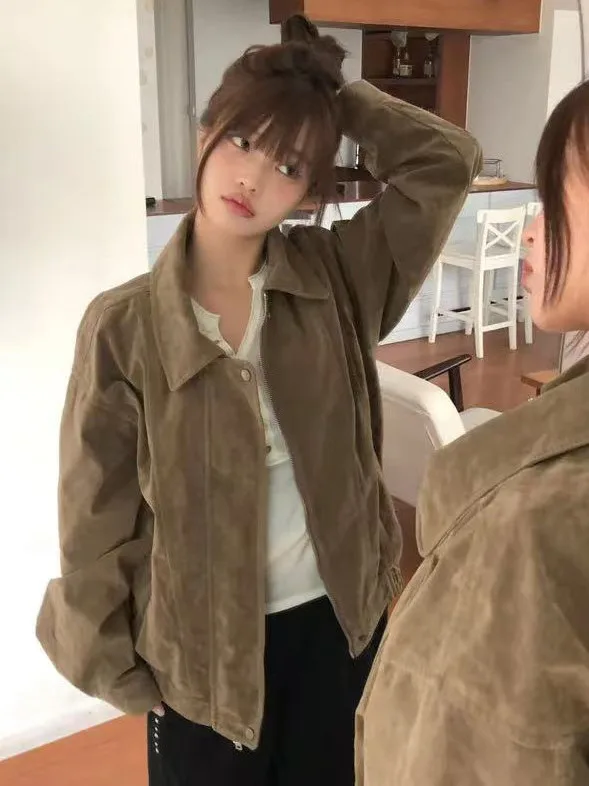 Retro Suede PU Leather Jacket Women's Loose Collar Chic Hong Kong Style Fashionable Top Quality Polyester Fiber Coat