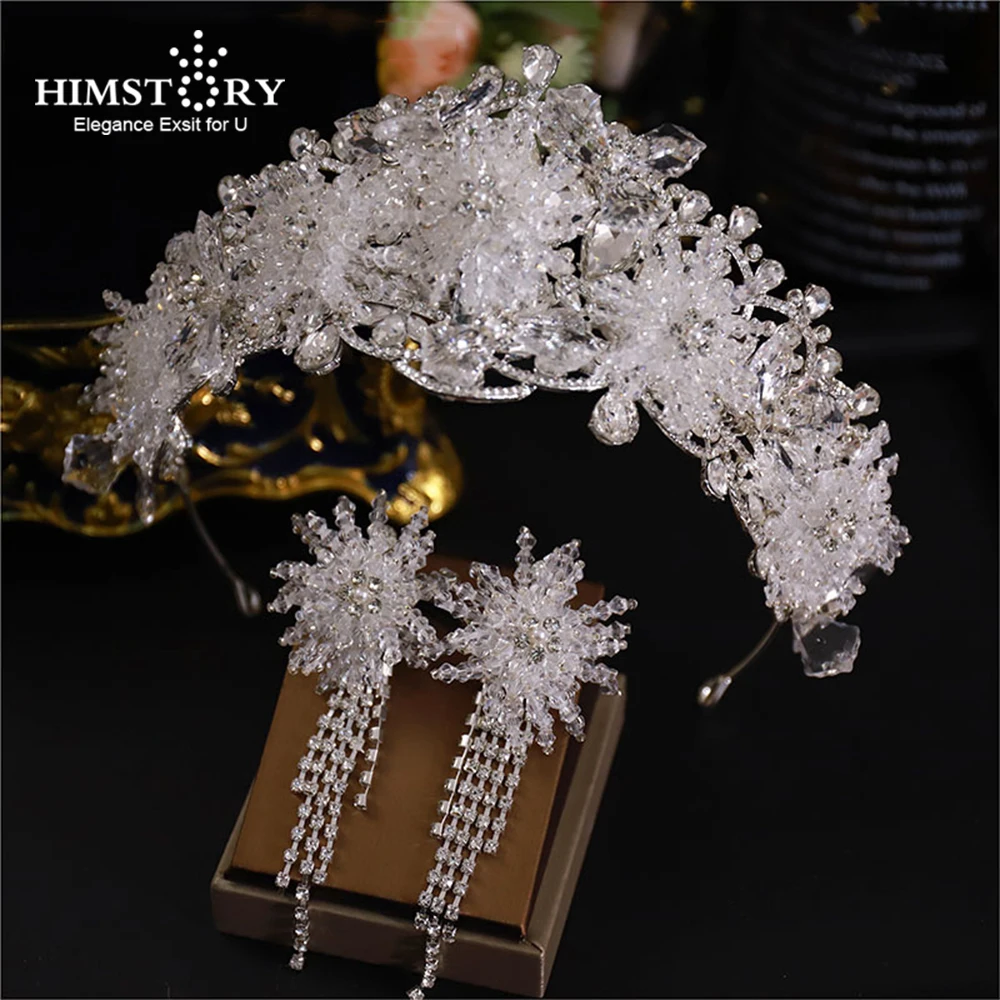 HIMSTORY Luxurious Handmade Crown Tiara Bridal Luxury Elegant Exquisite Crystal Beaded Wedding Jewelry Head Accessories