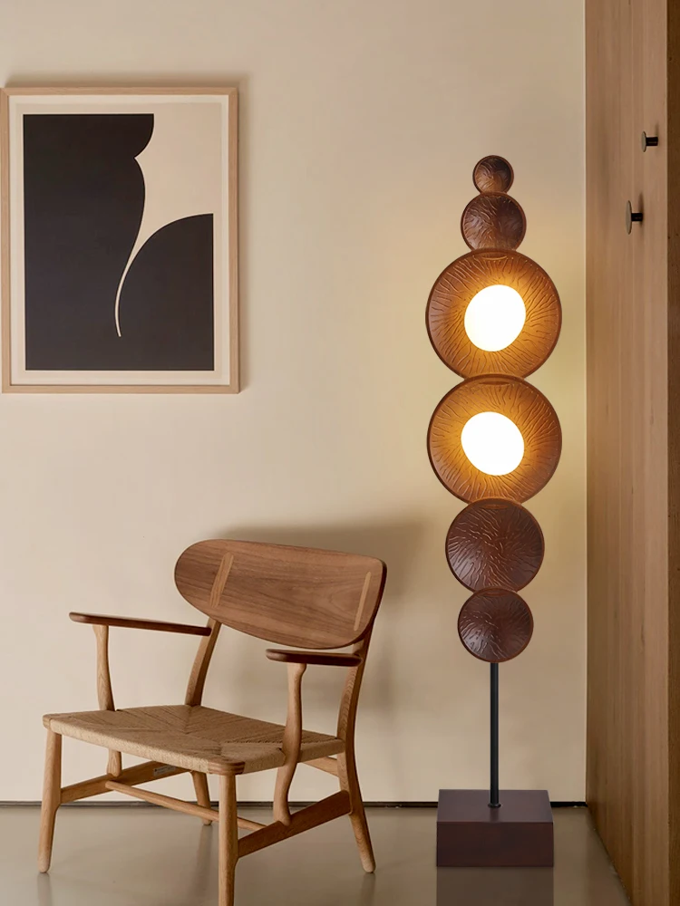 Wabi-Sabi Wind Floor Lamp, Living Room Designer Art Bedroom Solid Wood Relief Reading Vertical Large Table Lamp, Breakfast Decor