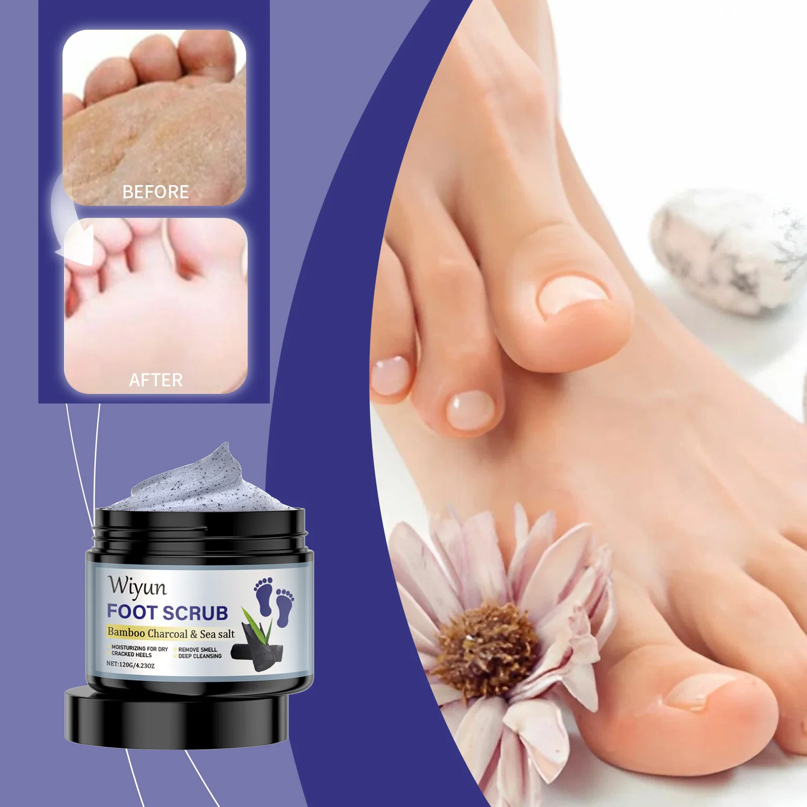 Bamboo Charcoal & Sea Salt Foot Scrub - Deep Cleansing Exfoliator for Dry, Cracked Heels & Foot Odor