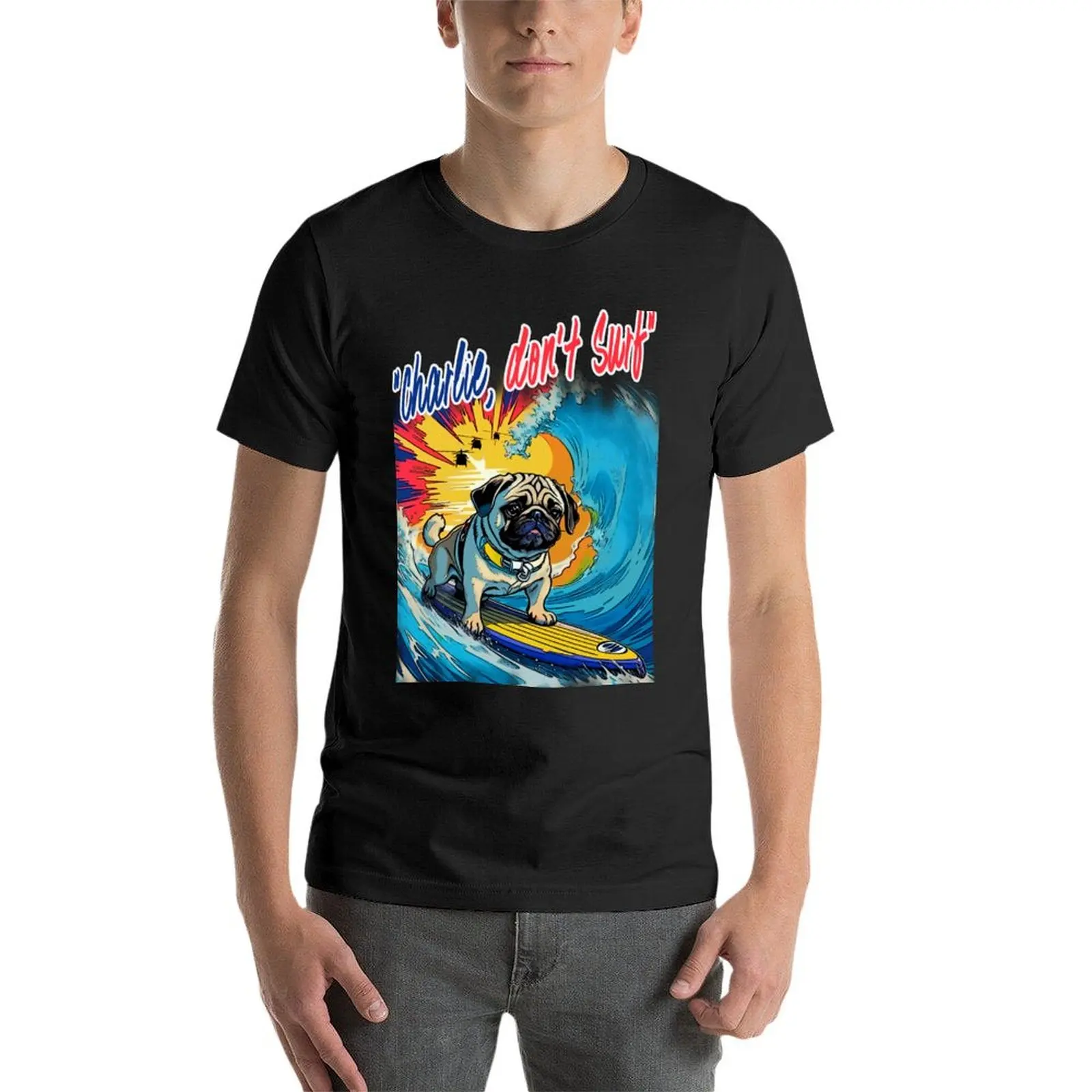 Camiseta de manga corta para hombre, ropa estética, sublime, Pug Surfer 2