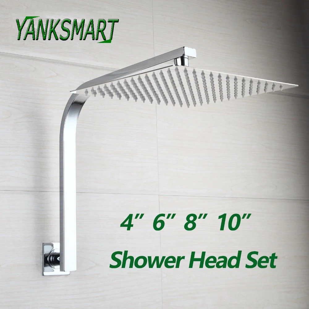 YANKSMART Rainfall Bathroom Shower Head with Square Gosseneck Wall Mounted Chuveiro Arm Ultra-thin Bath Showers Heads Combo Kit