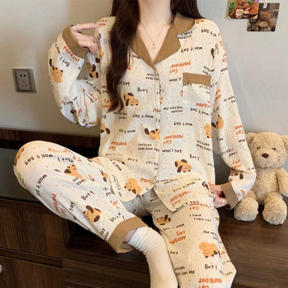 

Новые женские осенние пижамы, корейская одежда для сна с длинными рукавами и лацканами, милая домашняя одежда с мультяшным принтом, женский комплект одежды для отдыха, домашняя одежда