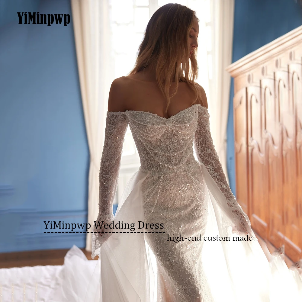 Luxuriöses Meerjungfrau-Hochzeitskleid mit Spitze und Perlen für Frauen, schulterfrei, langärmelig, trägerlos, Tüll, Hochzeit, Brautkleid, individuell gestaltet