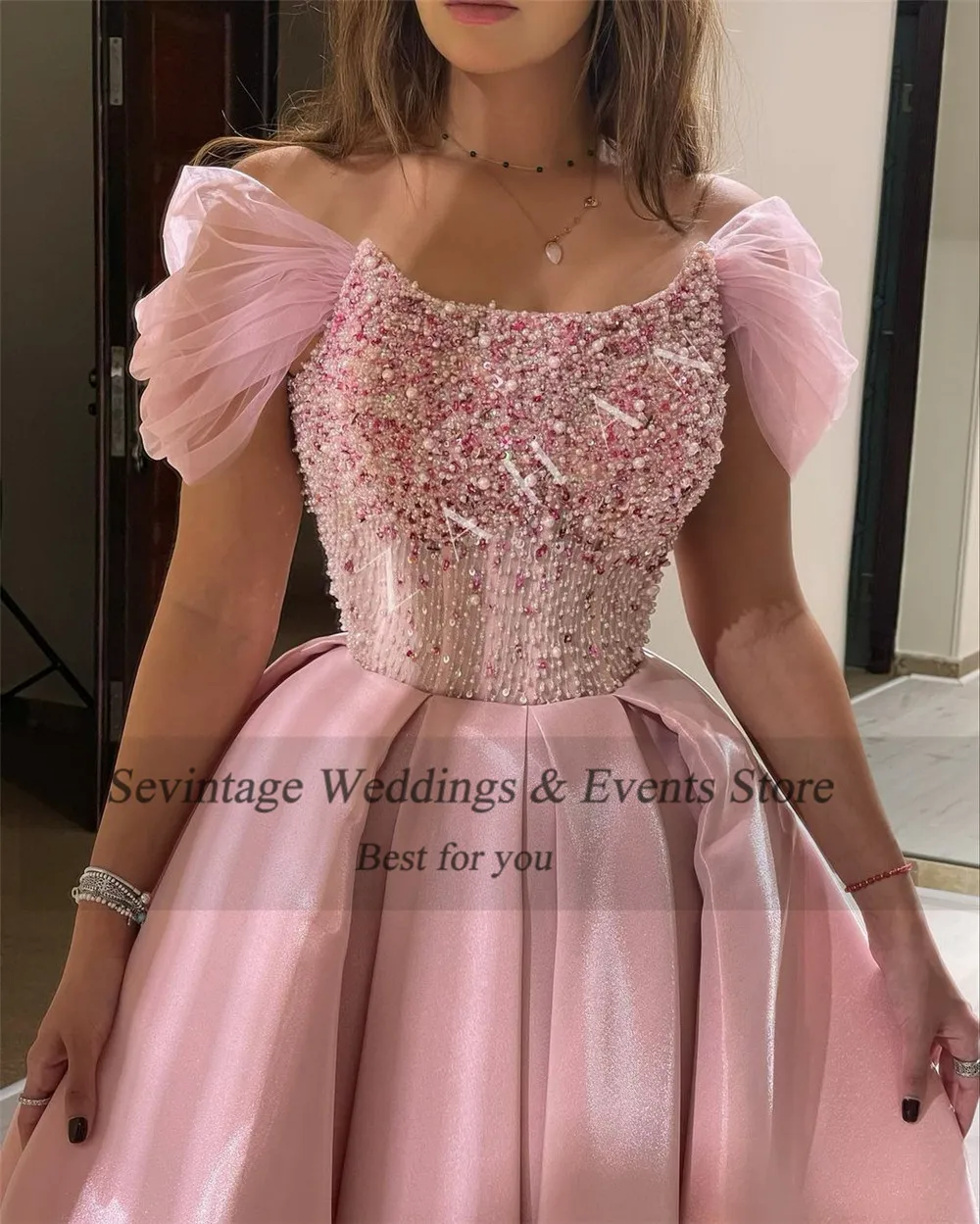 Aangepaste roze Saoedi-Arabische avondjurken pailletten ruches vrouwen feestjurken enkellange formele prom dress speciale outfits