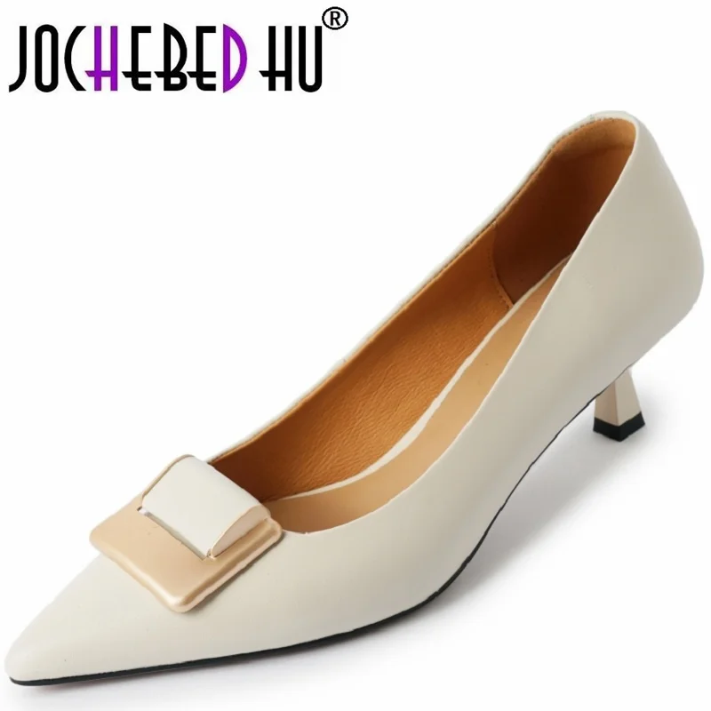 【JOCHEBED HU】Brand Genuine Leather new metal buckle single shoes women\'s pointed shallow mouth thin heels workplace shoes 34-42