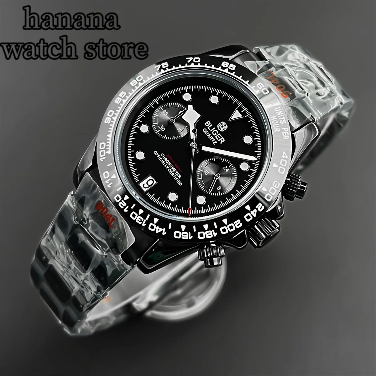 BLIGER 39mm Black VK64 Men\'s quartz watch Multi-function timer Sapphire glass Panda dial luminous Snowflake hands