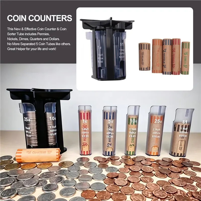 MLGB-Coin Sorter Tube Coin Counter With Coin Wrappers,5-IN-1 Change Sorter Change Counter Machine, Coin Organizer Coin Holder