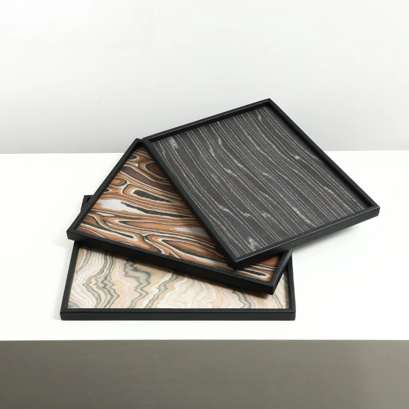 New Chinese-style wabi-sabi wind abstract pattern veneer tray, sales office villa desktop creative storage tray
