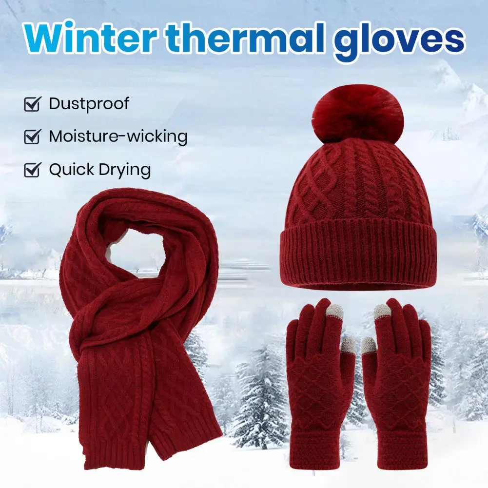 Hat Scarf Gloves Set 3pcs Women Winter Accessories Set Plush Ball Brimless Hat Long Scarf Touchscreen Gloves for Weather Solid