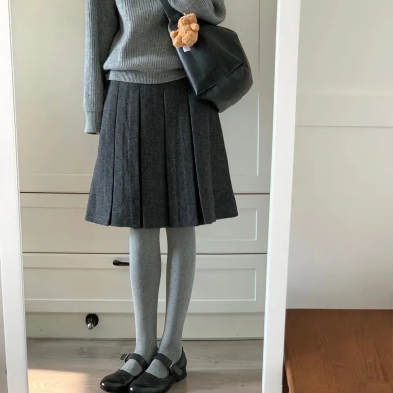 Women's Clothing Dark Gray Wool Pleated Skirt Ladies High Waist Autumn Winter Preppy Classic Multi Knife Pleat A-Line Mid Skirt