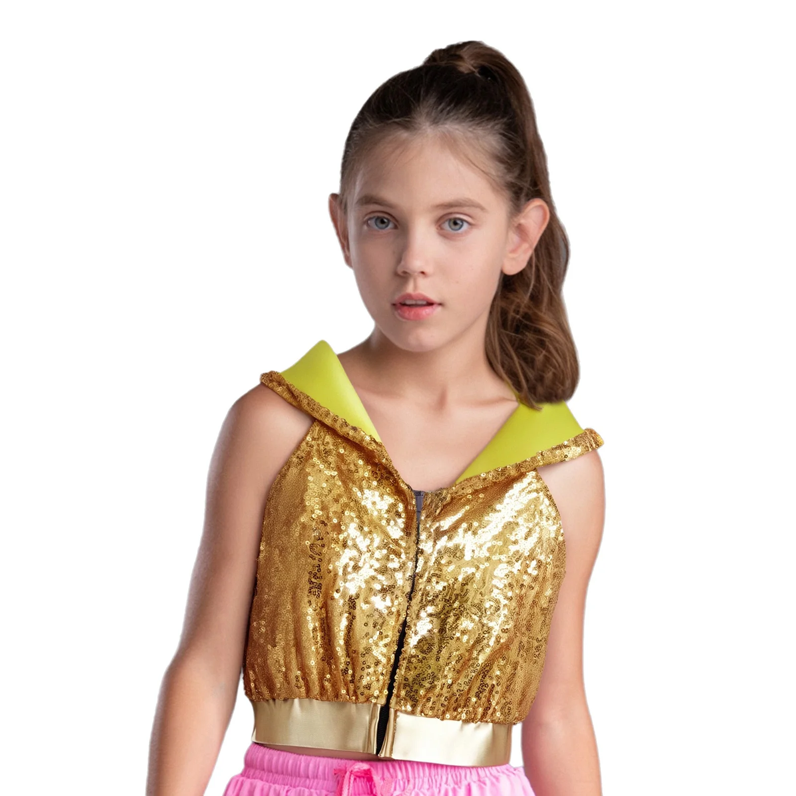 

Детский костюм для выступлений в стиле хип-хоп, джаз, уличный танцевальный костюм без рукавов, с открытой спиной, на молнии и блестками, жилет с капюшоном, укороченный топ, танцевальная одежда