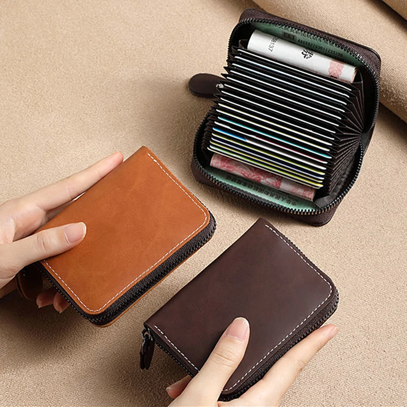 Multi-function PU Leather Card Holder Multi-Card Business Solid Colour Small Wallets Anti-theft Brush Women/Men Coin Purse