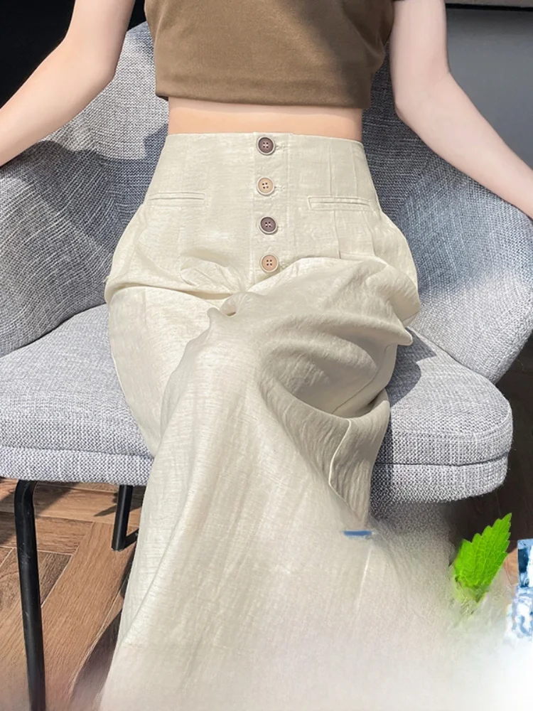

High Waist Straight Leg Wide Leg Pants Women's Linen Ice Silk Korean Style Commute Pants Pure Color Button Detail