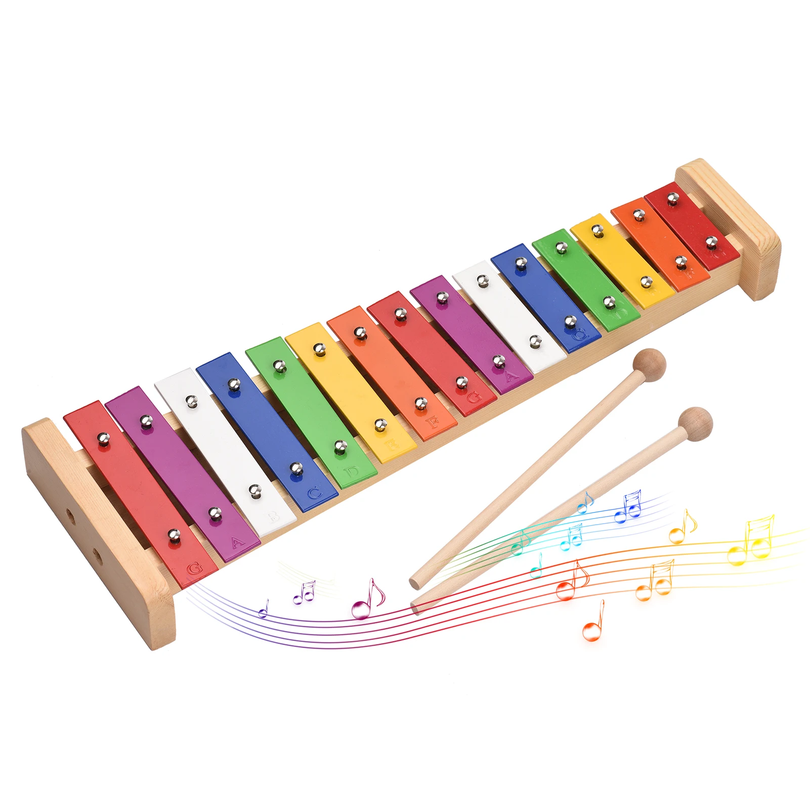 15 Note Glockenspiel Xylophone Wooden Base Colorful Aluminum Bars with 2 Mallets Educational Musical Instrument Percussion Gift