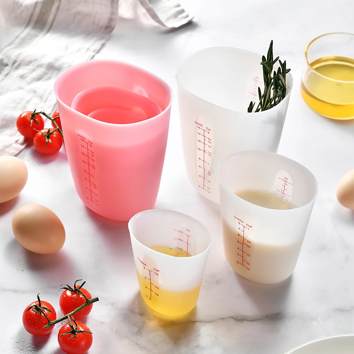 3pcs Pink Silicone Measuring Cup Set Dual Scale ML/OUNCE Visible Measuring Cup Kitchen Baking Tool Heat-resistant Measuring Cup view 2