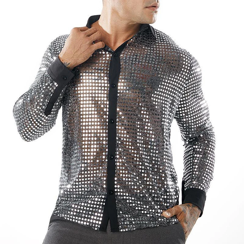 Camisa de lantejoulas e malha de poliéster masculina, camisa confortável masculina, prata dourada, preto, diário 1, boate, primavera