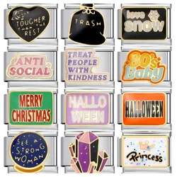 Multi Color Glazed Black Purple English words Italian Charm Link Fits 9mm Stainless Steel Bracelet Jewelry DIY Bead Gifts