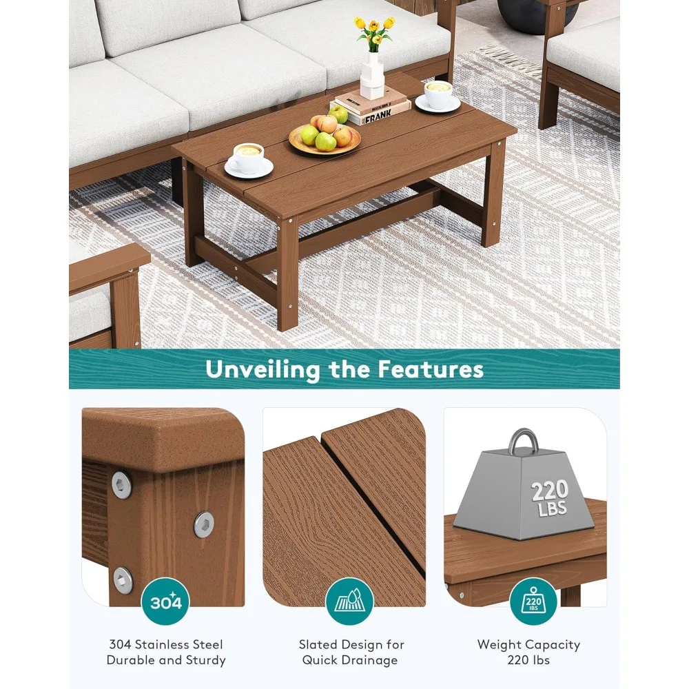 HDPE Patio Coffee Table, Rectangle Outdoor Coffee Table, All-Weather Coffee Side Table for Balcony, Poolside, Deck, Garden