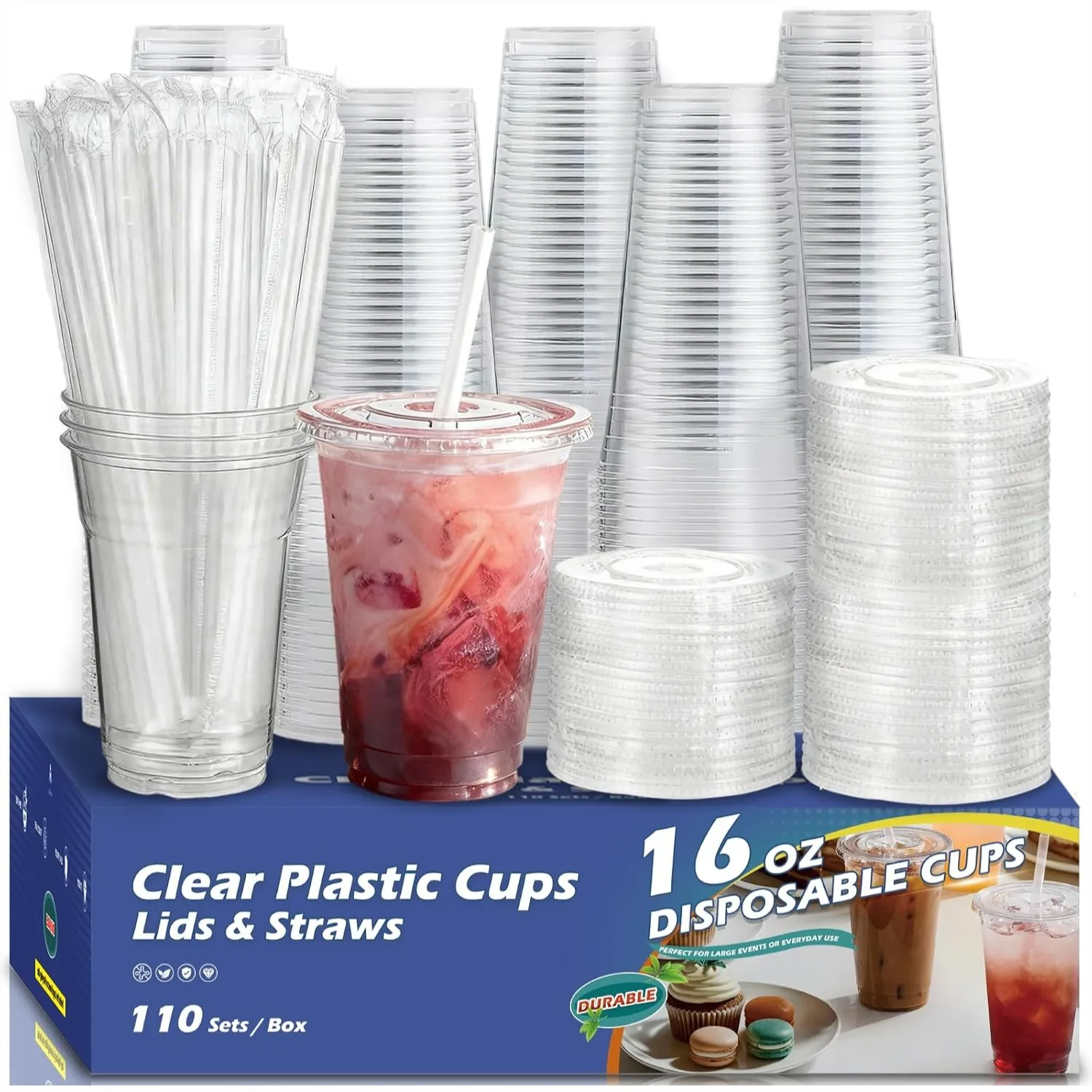 

110 Pack Clear Plastic Cups with Lids and Straws, 16 oz Disposable Iced Coffee Cups To Go for Smoothie, Matcha, Parties