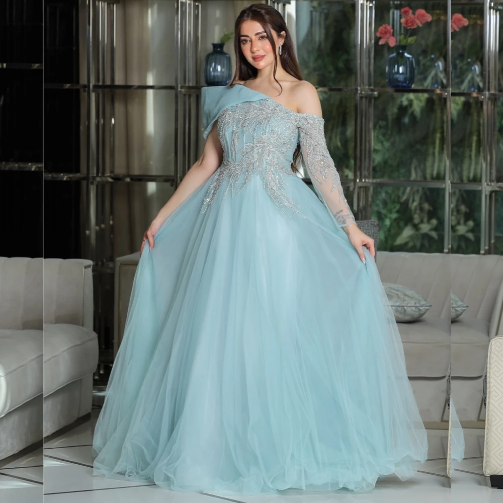 

Tulle Sequined Cocktail Party A-line Off-the-shoulder Bespoke Occasion Gown Long Dresses