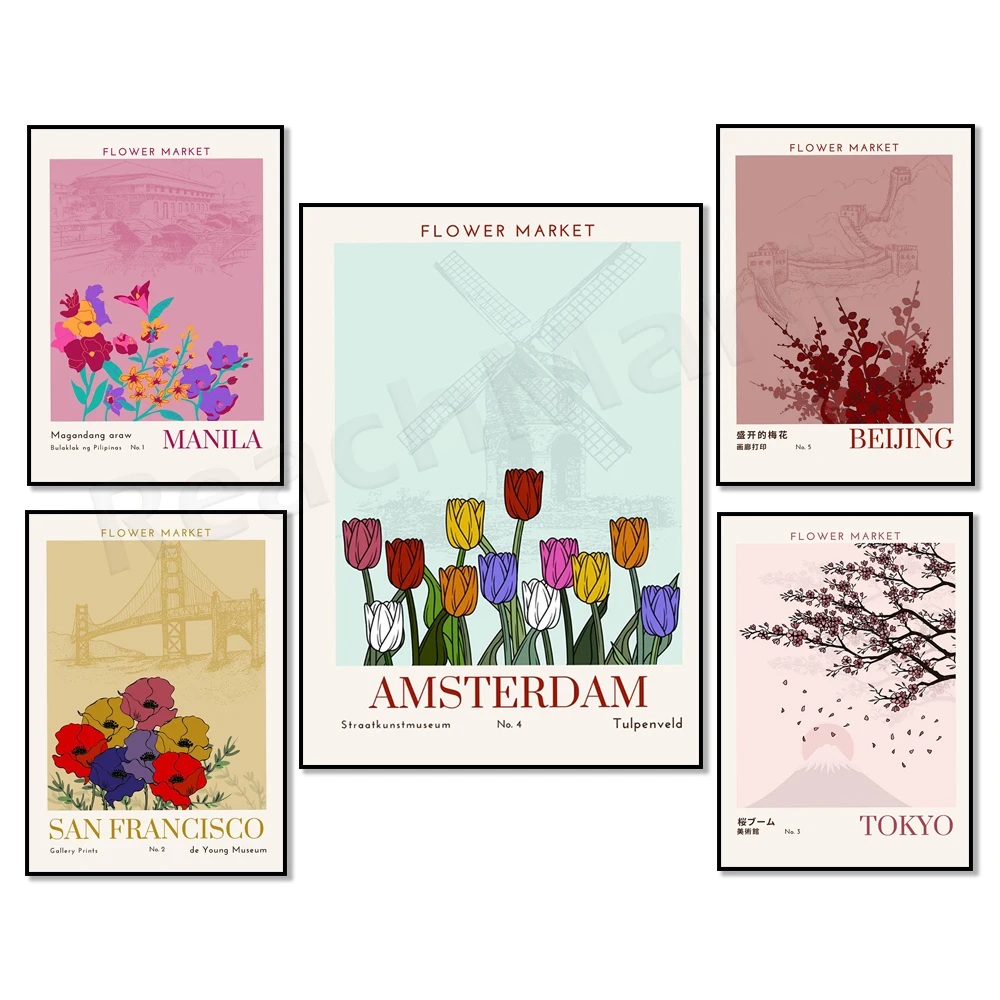 Flower Market Print, Plant Wall Art, Amsterdam, Beijing, San Francisco, Tokyo, Manila, Flower Market Art Deco Poster