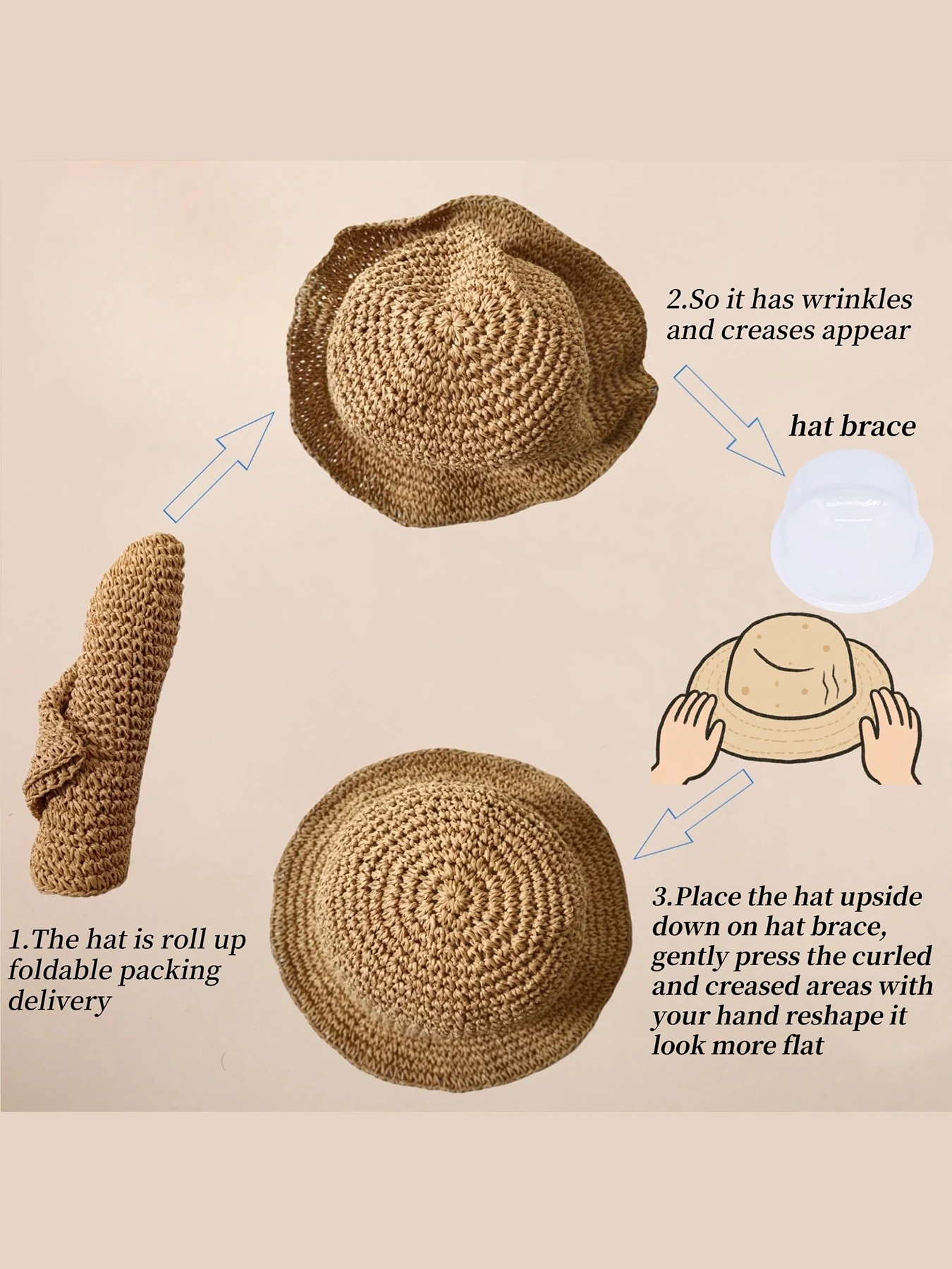 Einfarbiger Strohhut für Damen, lässige Outdoor-Sonnenschutzkappe für Damen und Mädchen, modisches Accessoire für den täglichen Gebrauch, atmungsaktiv – Detail 4