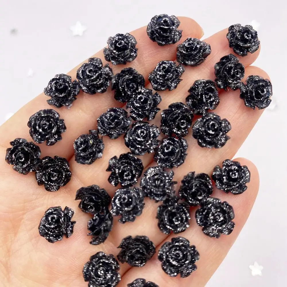 50Pcs 10mm AB Resin Glitter  Rose Flatback Flower Rhinestone Gem Scrapbook Wedding Ornament Applique Crafts DIY Nail Art SL614