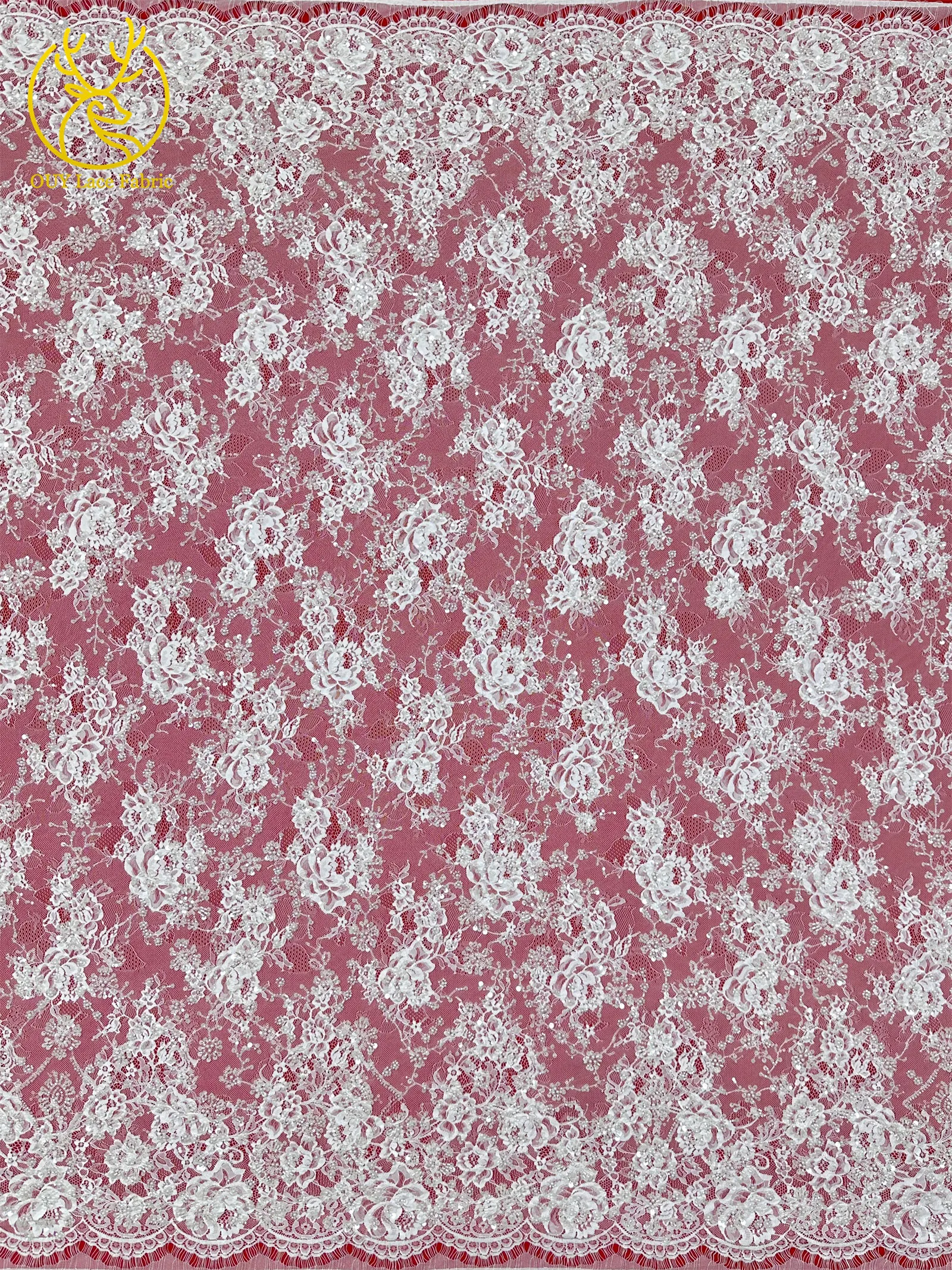 3 Meter exquisiter Perlen-Spitzenstoff, afrikanischer Spitzenstoff mit Pailletten und verstreuten Blumenstickereien zum Nähen von Brautkleidern – Detail 11