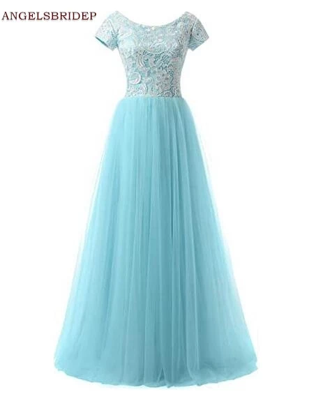 

ANGELSBRIDEP Long Elegant Women Prom Party Gowns Formal Short Sleeves Tulle Lace Bodice Vestidos de festa Evening Dress