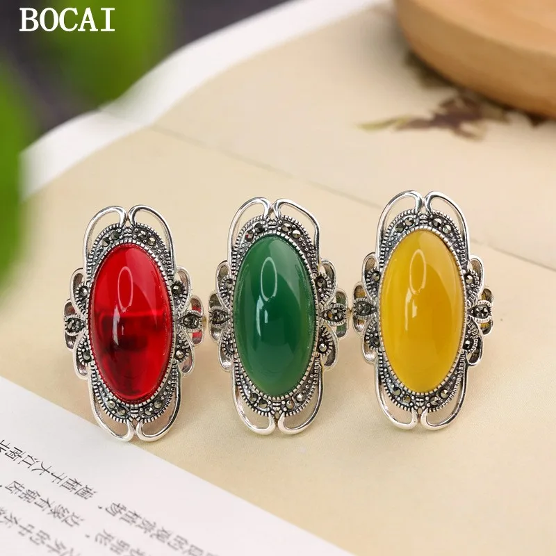 

BOCAI S925 серебряное регулируемое кольцо с гранатом, преувеличенное стильное винтажное кольцо с цветочным принтом Forefinger