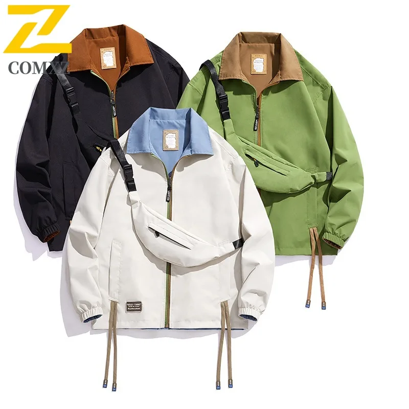 

COMXZ 2025 Men Reversible Jacket Korean Style Slim Fit Print Coat Two Sides Wear Versatile With Bag Fashion