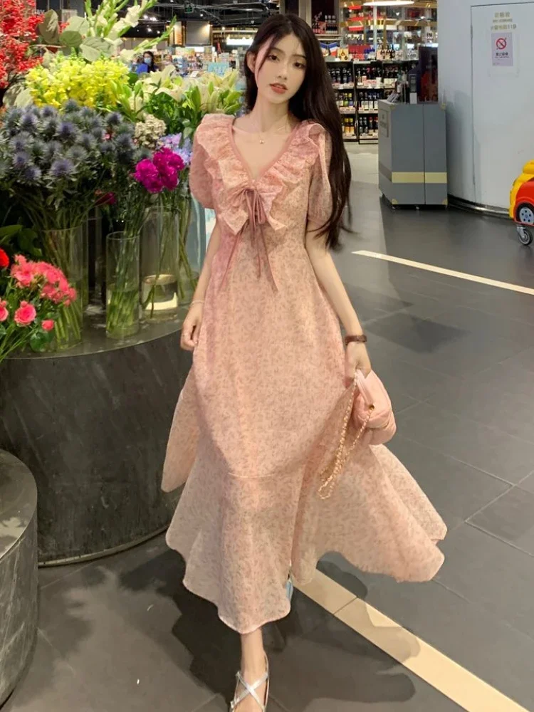 Floral Dress Women V-neck Vintage Aesthetic Gentle Bodycone Korean Fashion Harajuku A-line Vestidos Summer Clothing Ruffles Chic