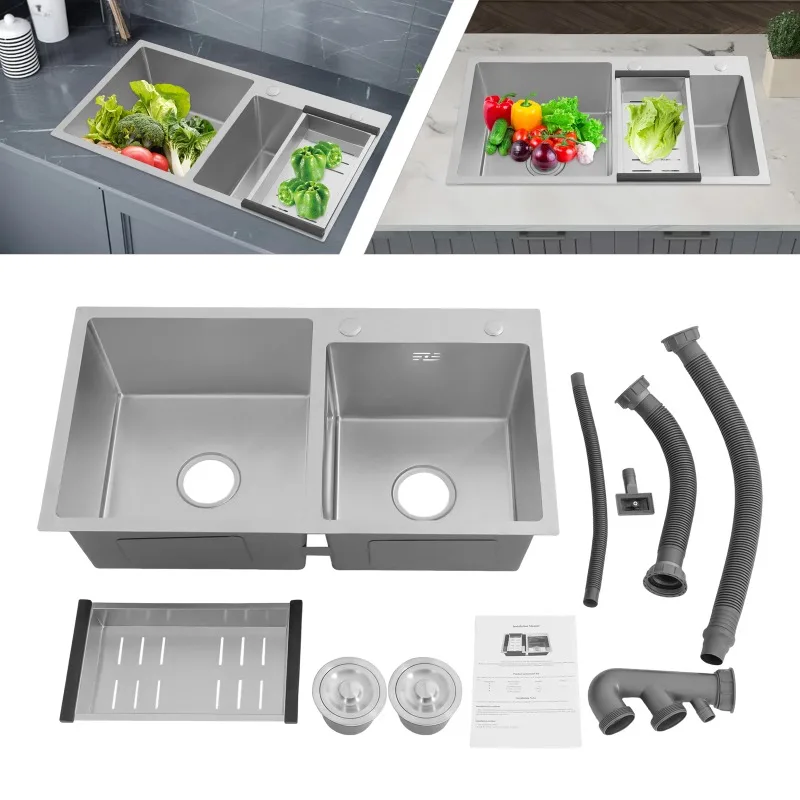 Fregadero de Cocina de Acero Inoxidable de 78*43*21cm, Fregadero Doble con Cesta de Drenaje