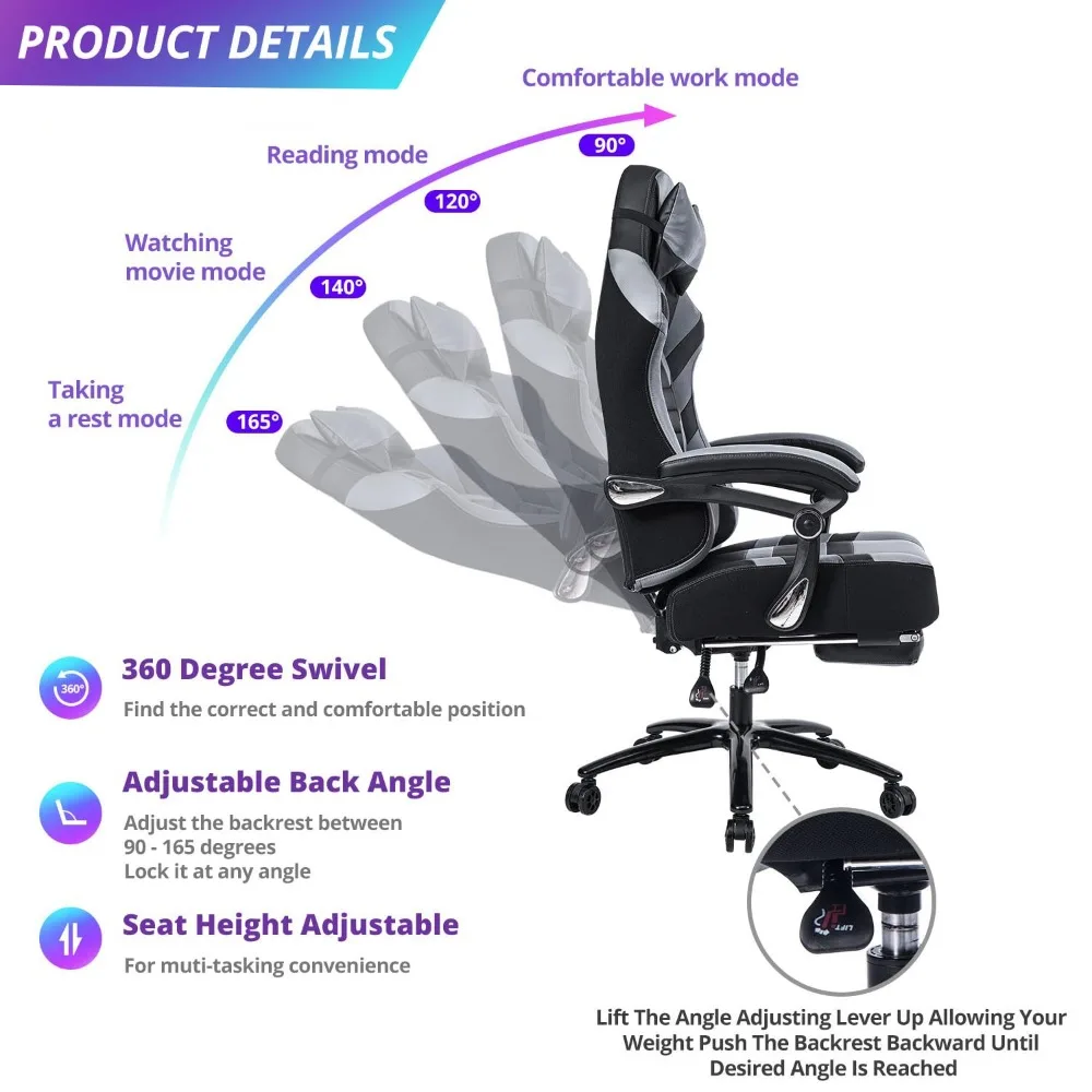 Gaming Chair with Footrest Massage, inclinação ajustável para trás ângulo e braço alto, espuma de memória, novo, 2022