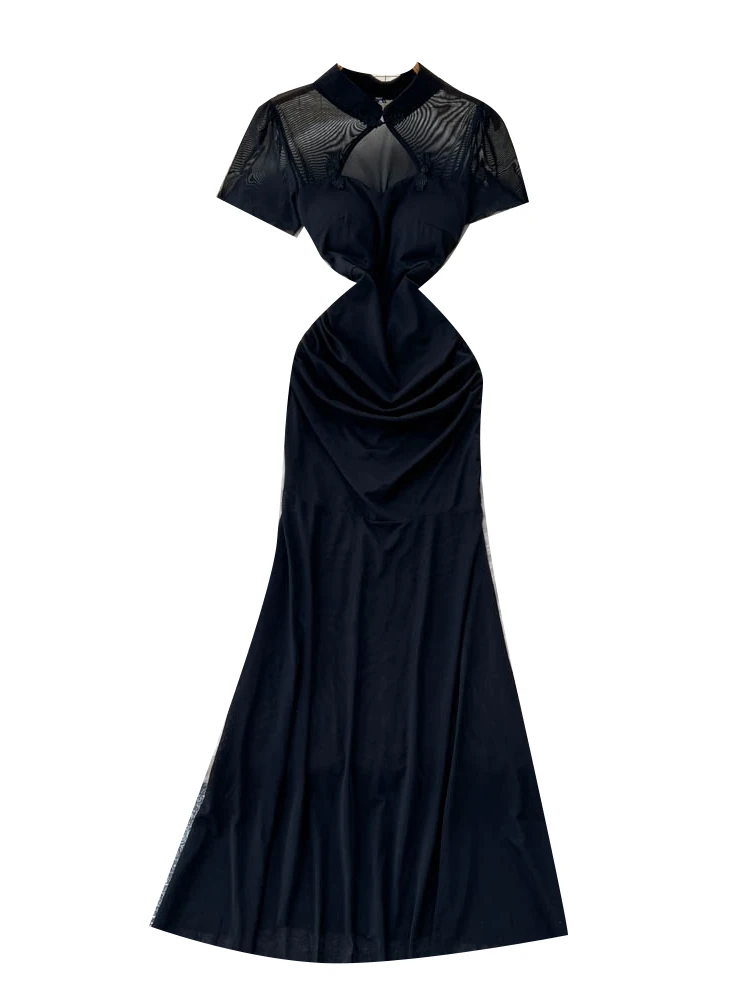 Ele Bla  Dr with Hollow out Design ort Sve High Waist Bodycon Skirt for Women New Chinese Sle