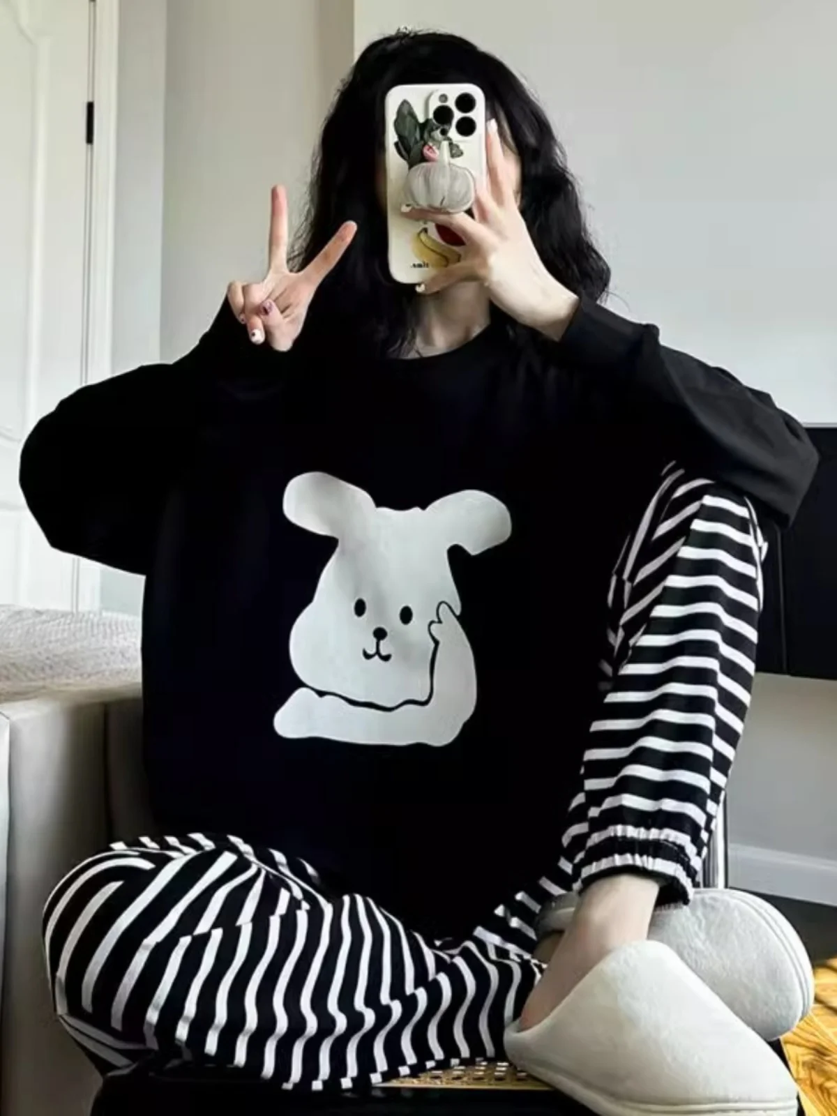 プラスサイズ秋冬パジャマ女性のゆったりとした長袖パンツ漫画ホーム服セット快適なプラスサイズMMパジャマ 1
