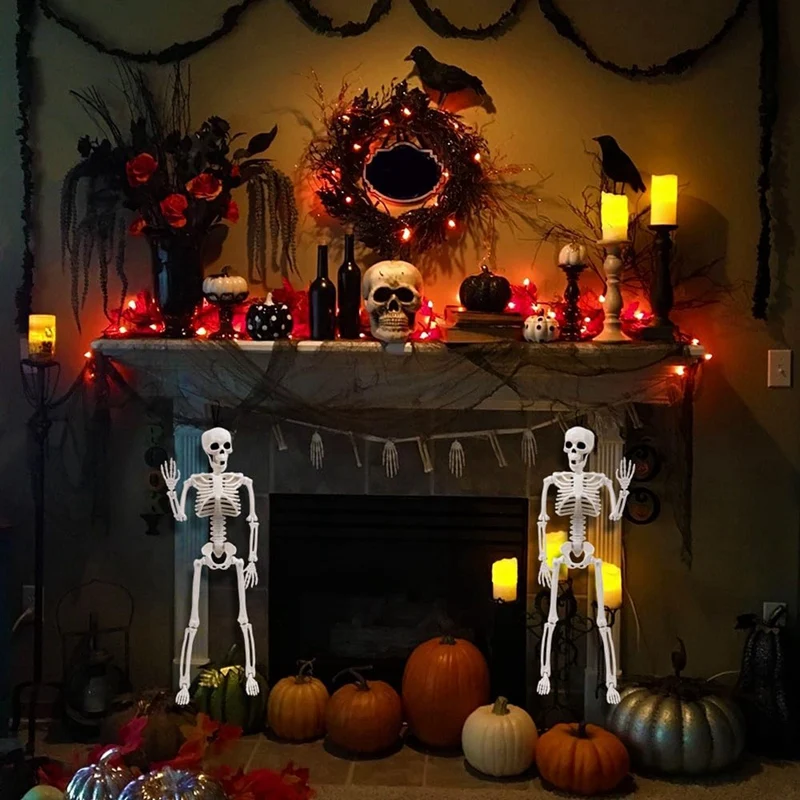 2Pcs Skeleton Halloween Decoration, 16 Inch Full Body Posable Halloween Hanging Skeleton For Indoor Decoration