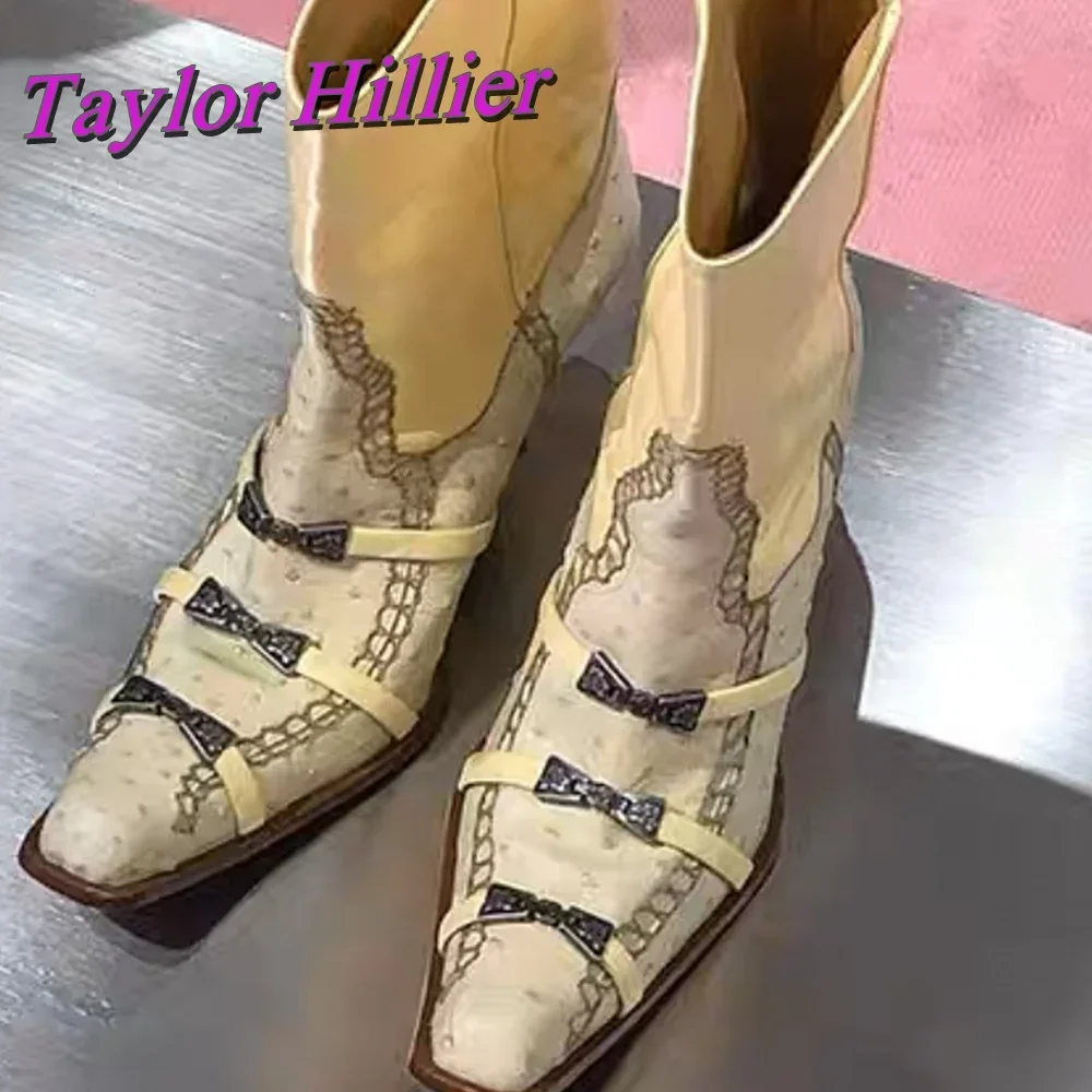 

Multi Butterfly-Knots Boots Square Toe High Heels Kitten Heel Concise Mid-Calf Shoes Women Fashion Autumn 2024 New Arrival