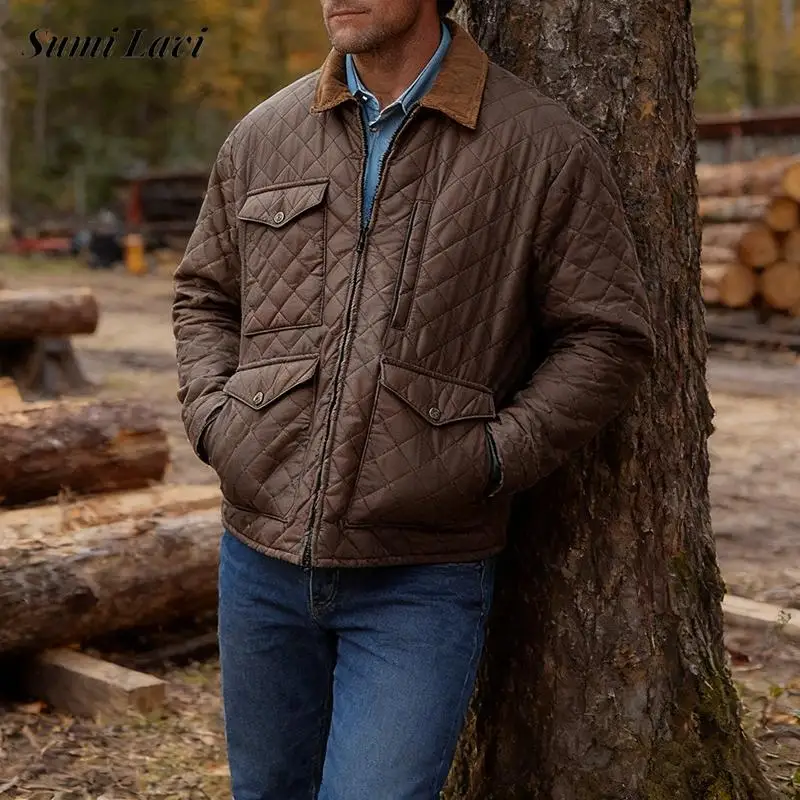 

2026 Spring Men's Diamond-Quilted Jacket Turn-down Collar Multi-Pocket Casual Coat Warm Lightweight Outerwear for Cool Weather