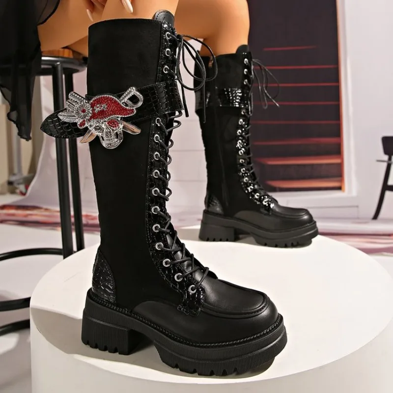 

Thigh Boots Fall/Winter New Round Toe Spliced Lace-Up Side Zip Platform Knight Tall Boots