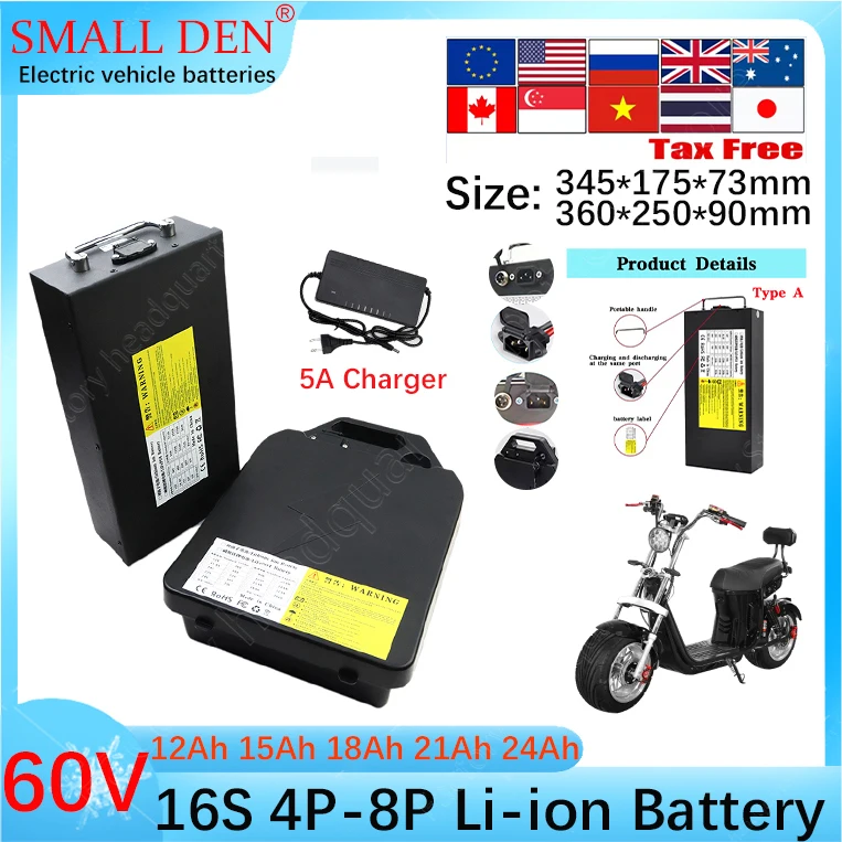 

60V 12Ah 15Ah 18Ah 21Ah 24Ah 18650 16S4P-8P 1800W high-capacity lithium-ion battery with ultra-long battery life + 5A charger