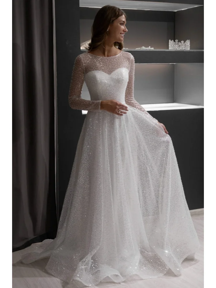 

Индивидуальное свадебное платье 2026 года в новом бежевом богемном стиле с длинными рукавами из жесткой тюли, круглым вырезом, жемчугом и пайетками (Vestidos De Noiva)