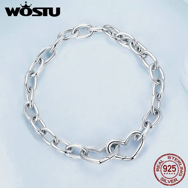 WOSTU 925 Sterling Silver Hearts Clasped Bracelet White Gold Plated for Women Date Wedding Party Fine Jewelry Lovely Gift 190mm